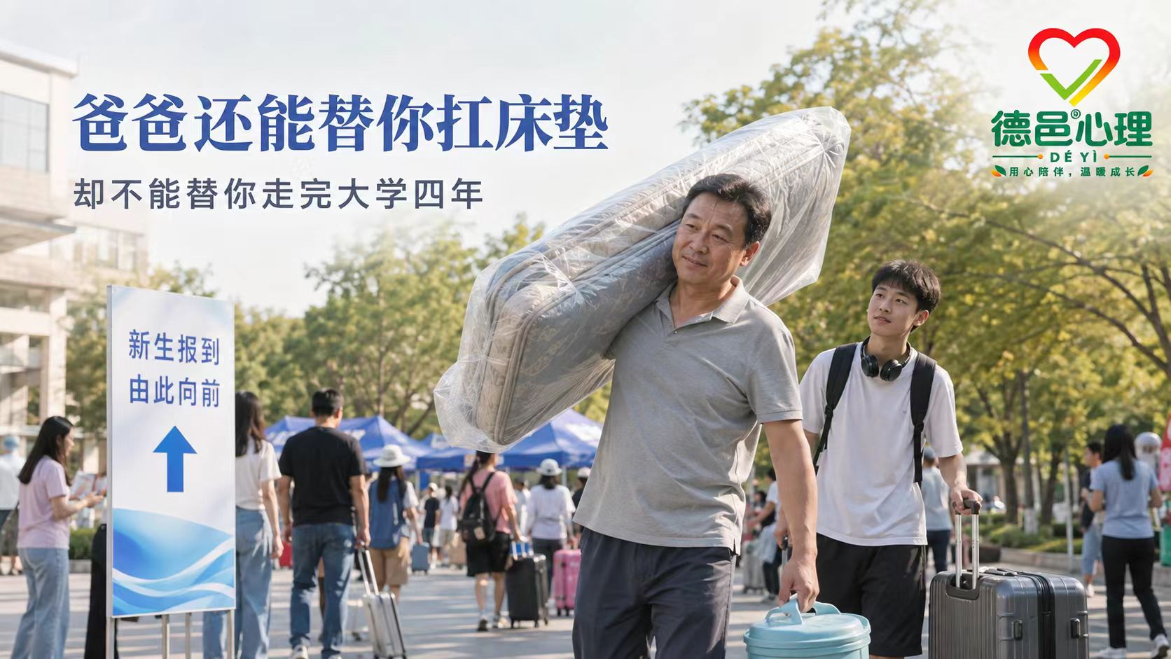 孩子上大学后父母如何从照顾转向放手与支持 大学新生报到时父亲帮孩子搬行李体现亲子分离与独立成长