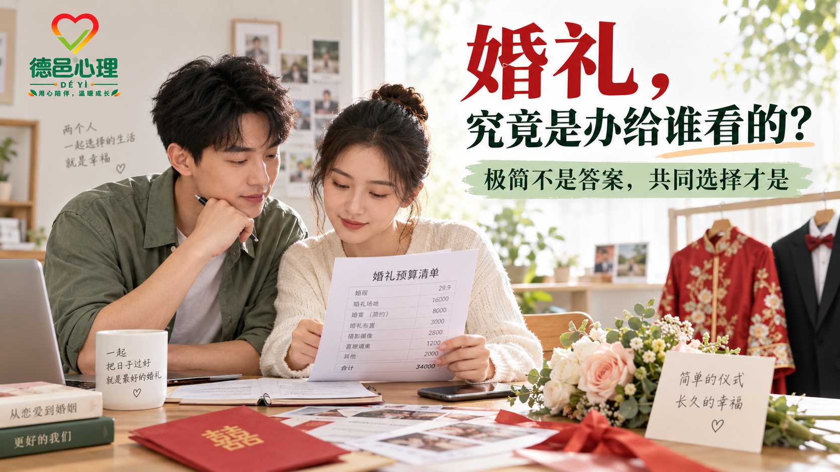 极简婚礼为什么走红?理解婚礼攀比、家庭期待与共同决策 年轻新人讨论极简婚礼预算与共同生活安排,在仪式感、家庭期待和实际需要之间做选择