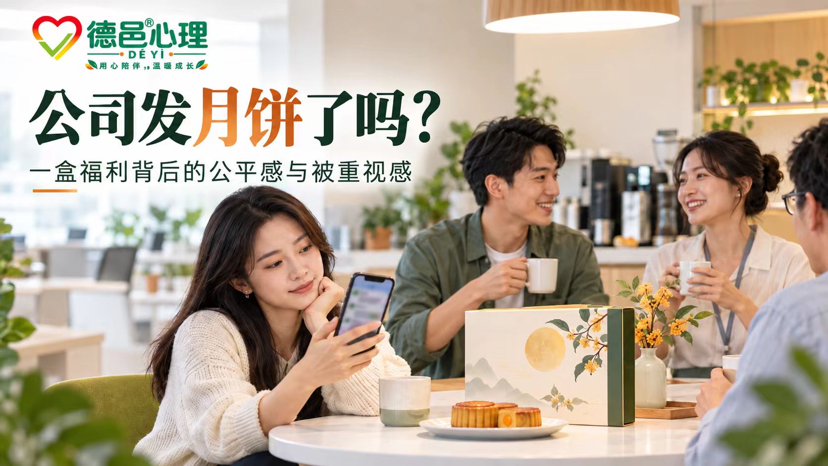 公司发月饼为什么会触发职场比较与公平感 中秋前夕办公室员工看到公司月饼福利并在手机上浏览同事分享,体现职场社会比较、公平感与被重视感