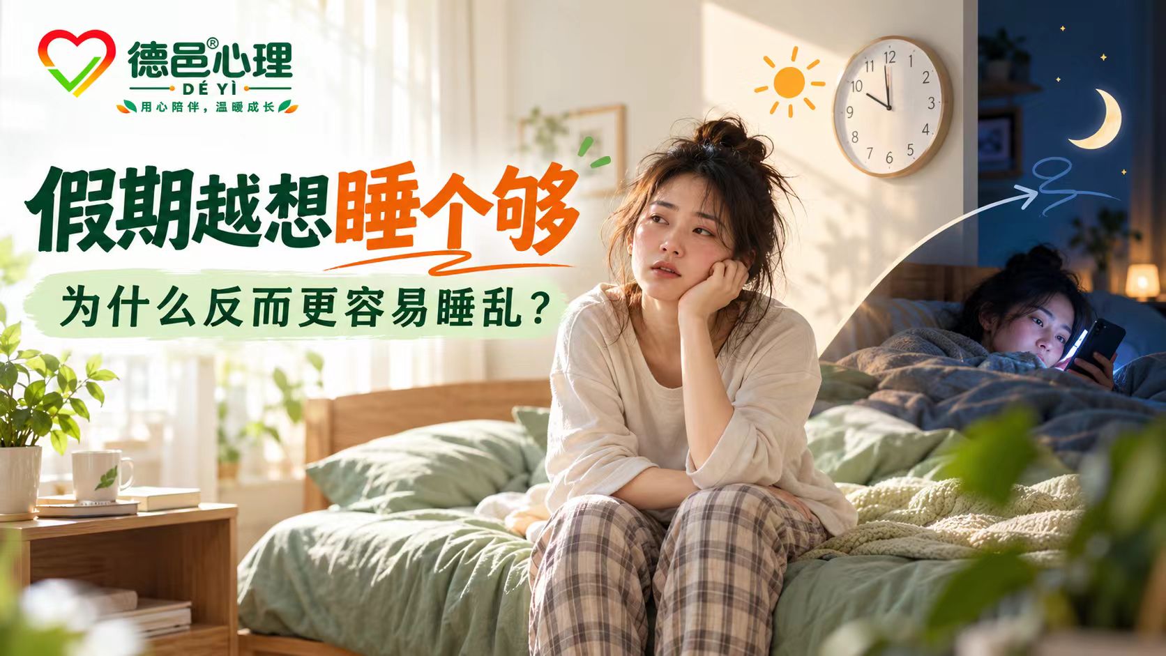 年轻职场人在假期补觉后昼夜节律被打乱，表现为白天困倦夜间清醒，体现睡眠债与生物钟错位